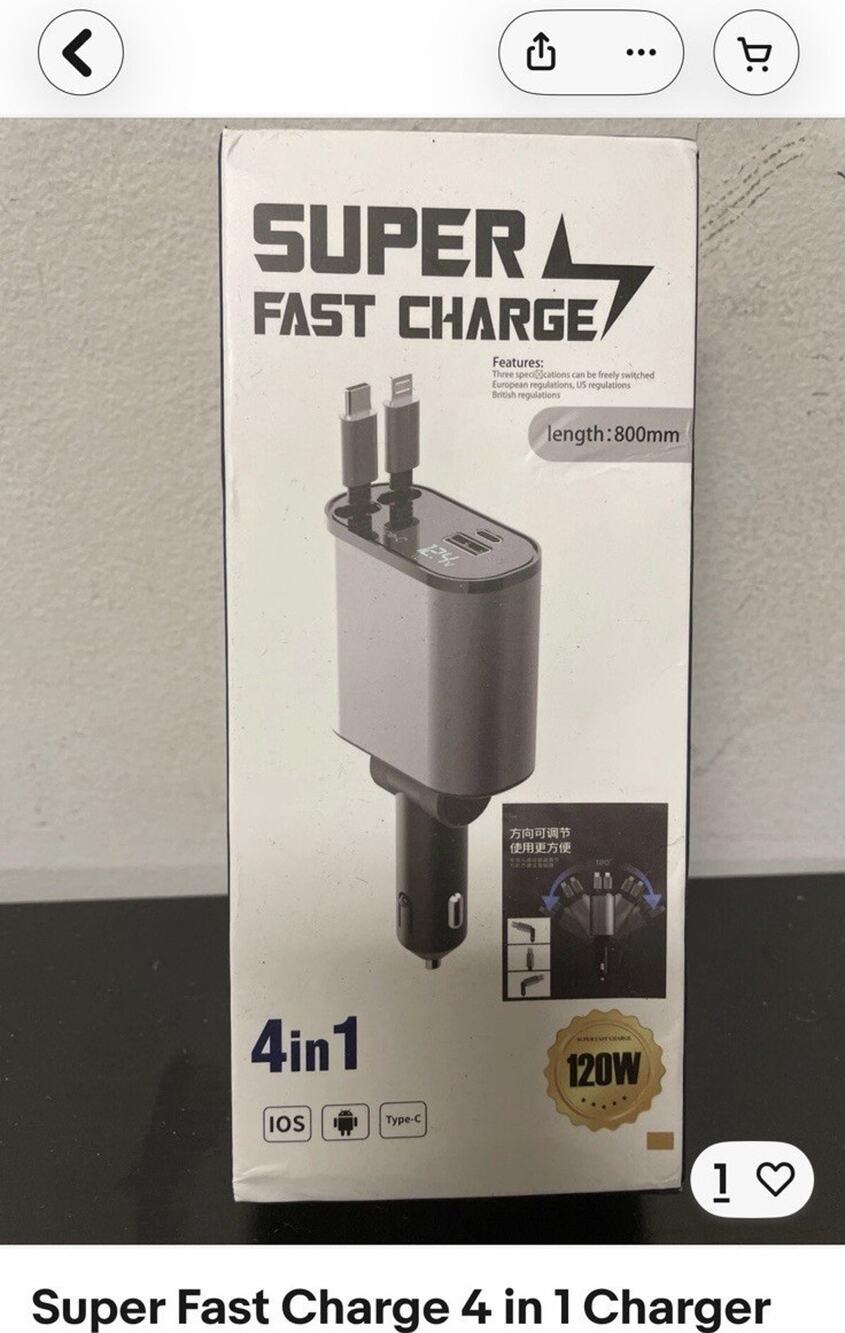 4-in-1 Retractable Fast Charge ⚡️ & USB-C Car Charger 800mm Cable, 2-Port